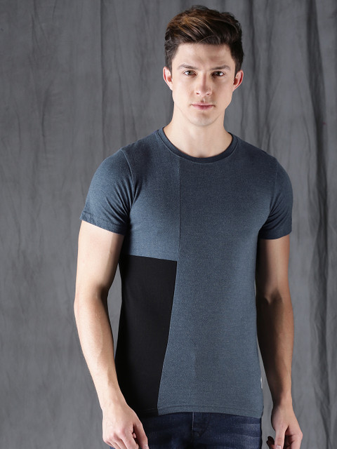

WROGN Men Navy Slim Fit Colourblocked Round Neck T-shirt, Navy blue