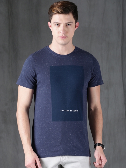 

WROGN Men Blue Printed Round Neck T-shirt