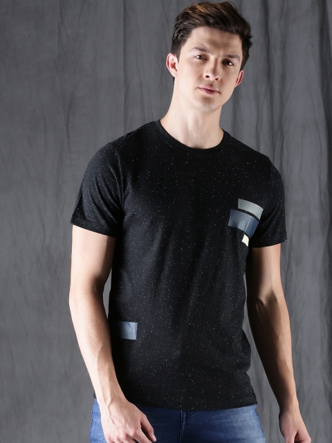 

WROGN Men Black Self Design Round Neck T-shirt