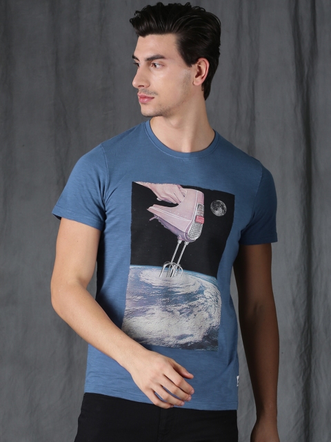 

WROGN Men Blue Printed Round Neck T-shirt