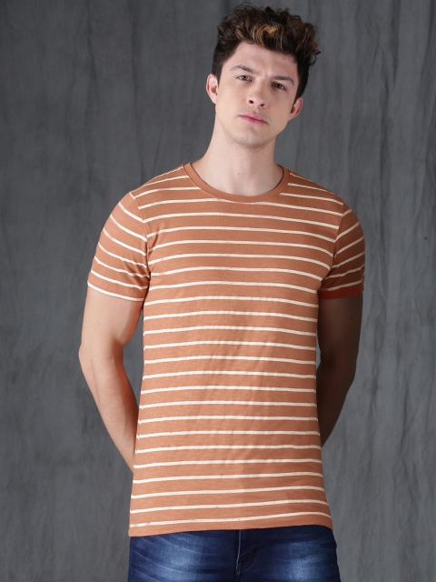 

WROGN Men Rust Orange Striped Round Neck T-shirt