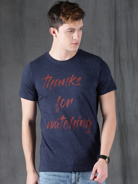 

WROGN Men Navy Blue Printed Round Neck T-shirt