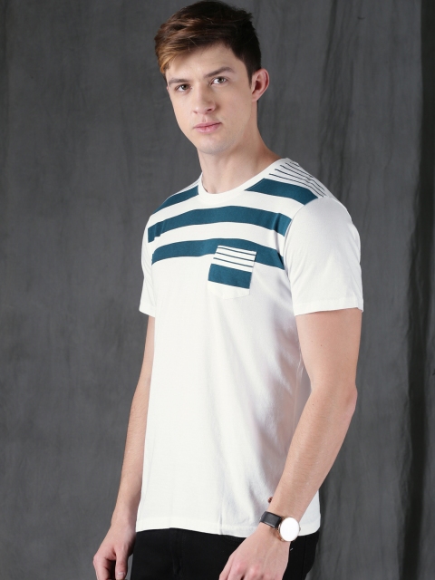 

WROGN Men White Striped Slim Fit Round Neck Pure Cotton T-shirt
