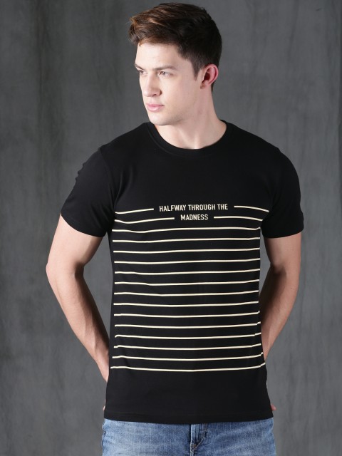 

WROGN Men Black Striped Round Neck T-shirt