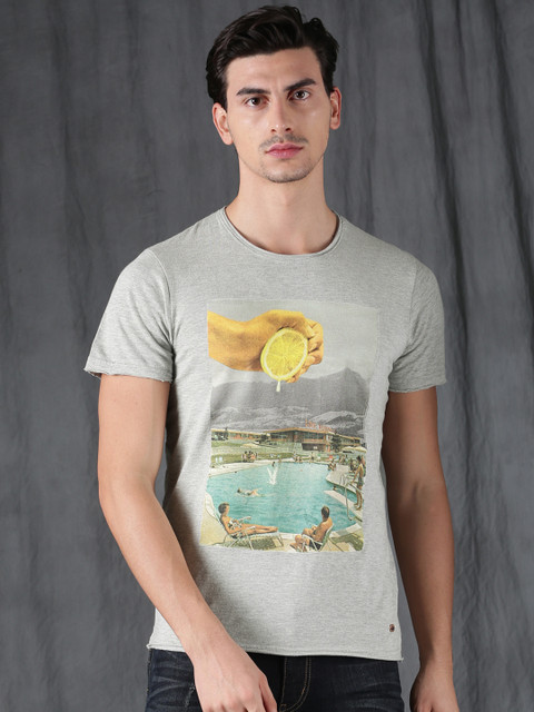 

WROGN Men Grey Melange Printed Round Neck T-shirt