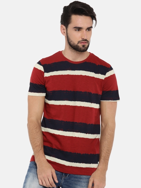 

WROGN Men Red & Navy Blue Striped Round Neck T-shirt