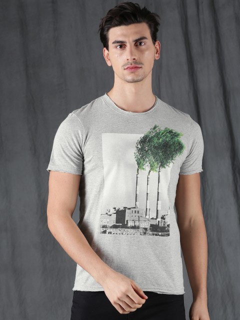 

WROGN Men Grey Melange Printed Round Neck T-shirt
