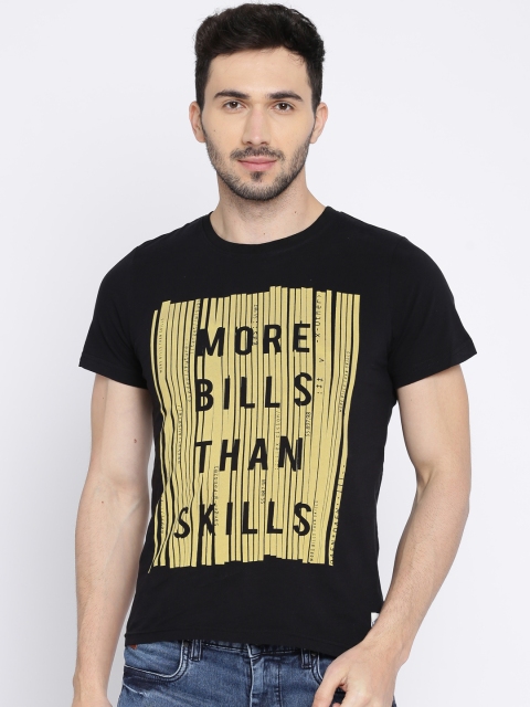 

WROGN Men Black Printed Slim Fit Round Neck Pure Cotton T-shirt
