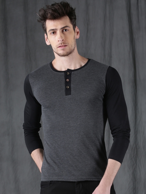 

WROGN Men Charcoal Grey & Black Solid Henley Neck T-shirt