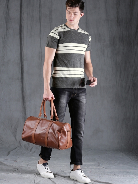 

WROGN Men Grey Melange & White Striped T-shirt