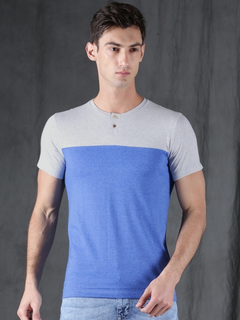 

WROGN Men Blue & Grey Colourblocked Henley Neck T-shirt