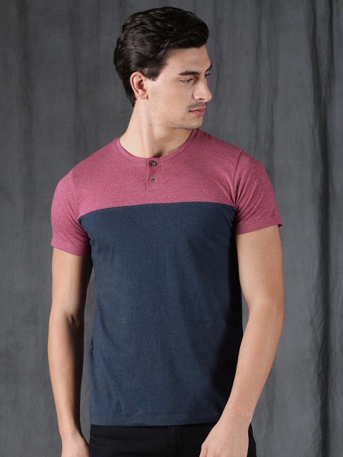 

WROGN Men Navy Colourblocked Henley Neck T-shirt, Navy blue