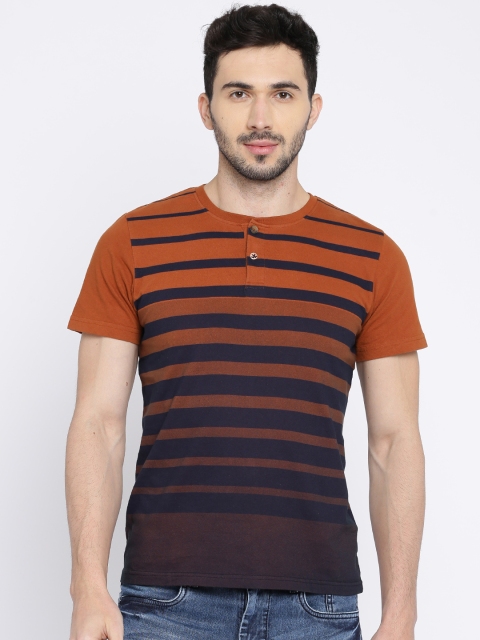 

WROGN Men Orange & Navy Striped Slim Fit Henley Neck T-shirt