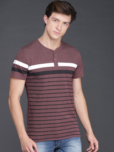 

WROGN Men Maroon Striped Henley Neck T-shirt