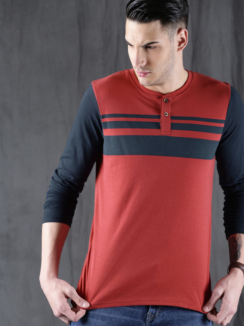 

WROGN Men Red Striped Henley Neck T-shirt