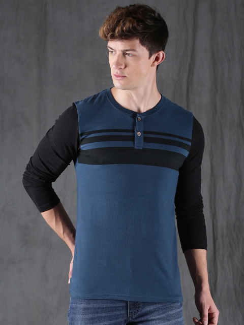 

WROGN Men Blue Striped Henley Neck T-shirt