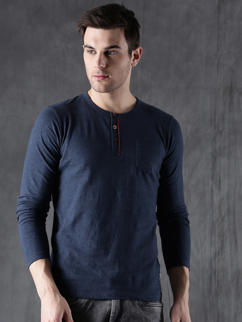 

WROGN Men Navy Blue Solid Henley Neck T-shirt