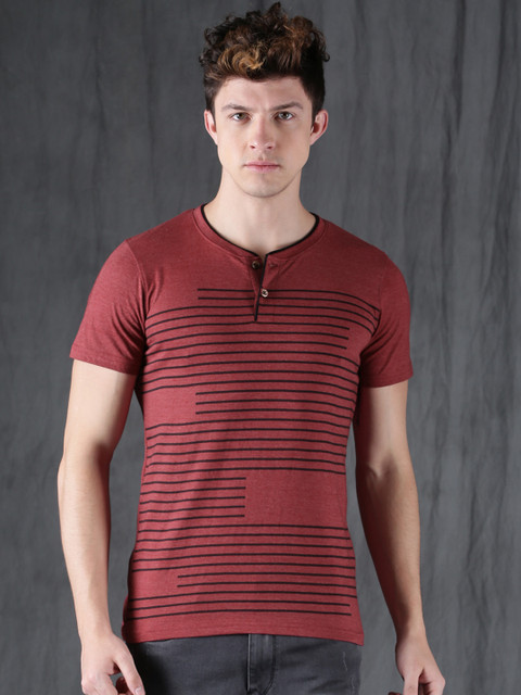 

WROGN Men Maroon Striped Henley Neck T-shirt