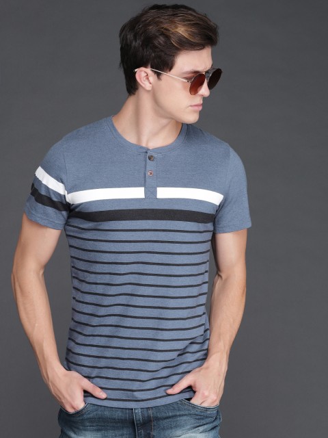 

WROGN Men Blue Striped Henley Neck T-shirt