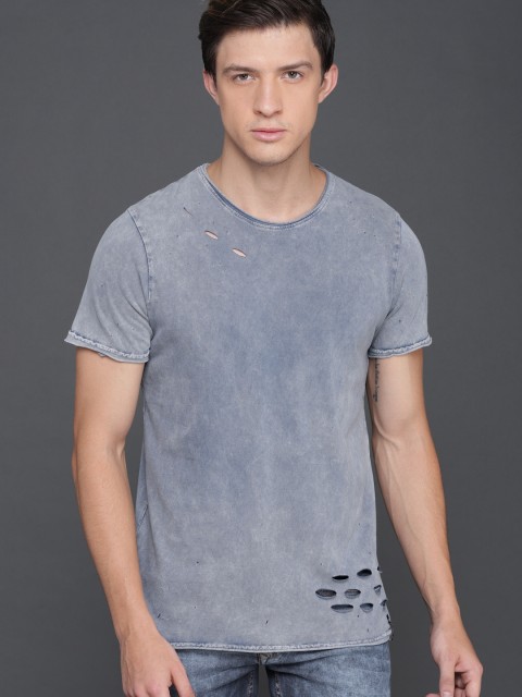 

WROGN Men Blue Faded Round Neck T-shirt