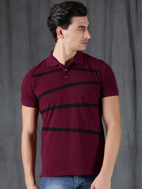 

WROGN Men Burgundy & Black Slim Fit Striped Polo Collar T-shirt