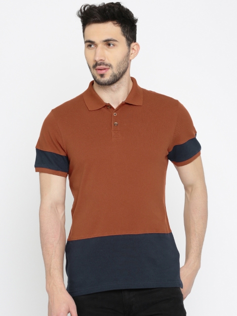 

WROGN Men Rust Orange & Blue Slim Fit Colourblocked Polo Collar T-shirt