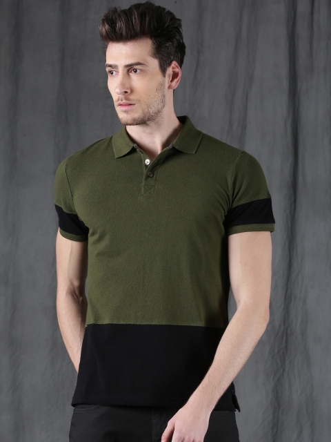 

WROGN Men Olive Green & Black Slim Fit Colourblocked Polo Collar T-shirt