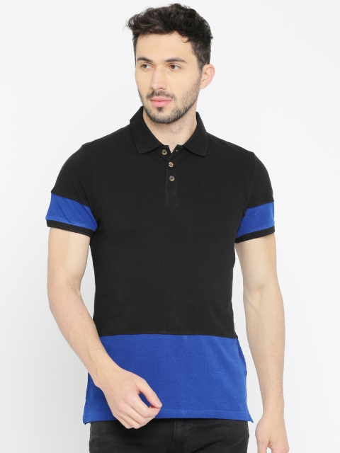 

WROGN Men Black & Blue Slim Fit Colourblocked Polo Collar T-shirt