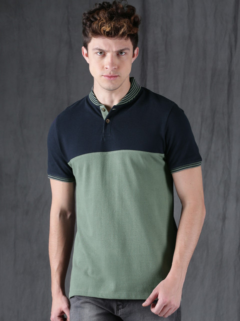 

WROGN Men Green Colourblocked Polo Collar T-shirt