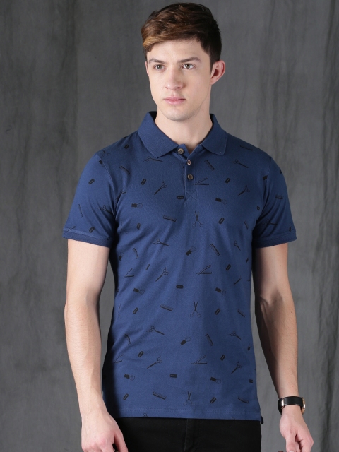 

WROGN Men Navy Blue Printed Slim Fit Polo Collar Pure Cotton T-shirt