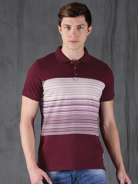 

WROGN Men Maroon Striped Slim Fit Polo T-shirt