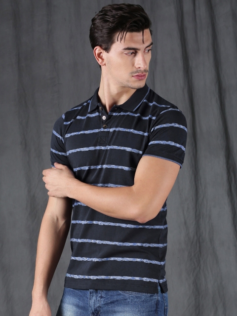 

WROGN Men Navy Blue Slim Fit Striped Polo Collar T-shirt