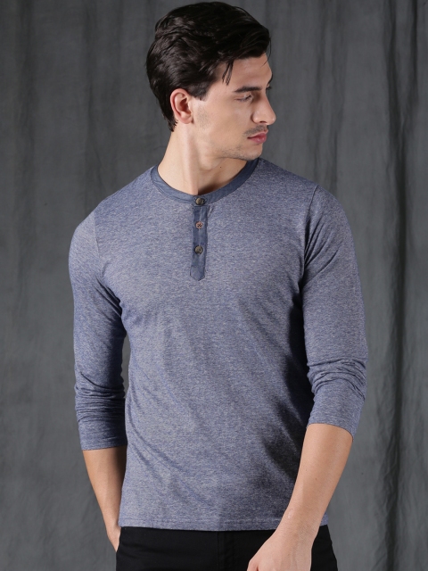 

WROGN Men Blue Striped Henley Neck T-shirt
