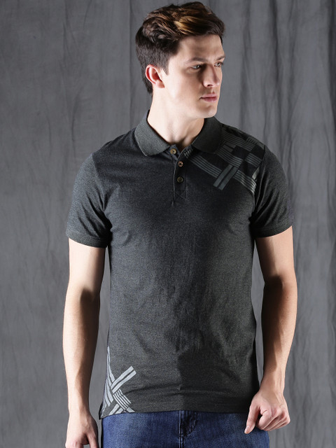

WROGN Men Charcoal Printed Polo Collar T-shirt