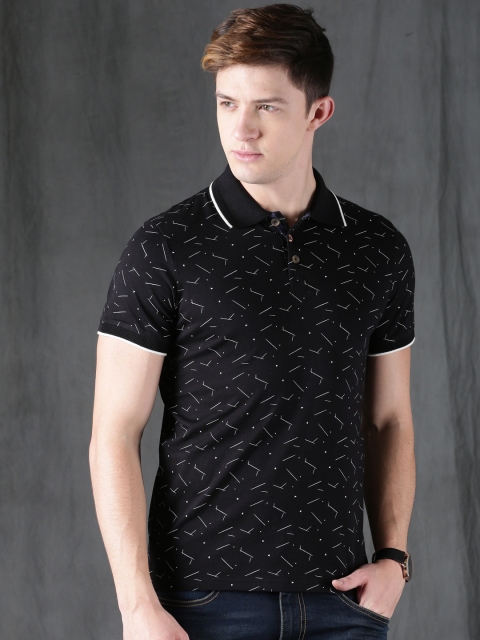 

WROGN Men Black Printed Slim Fit Polo Collar Pure Cotton T-shirt