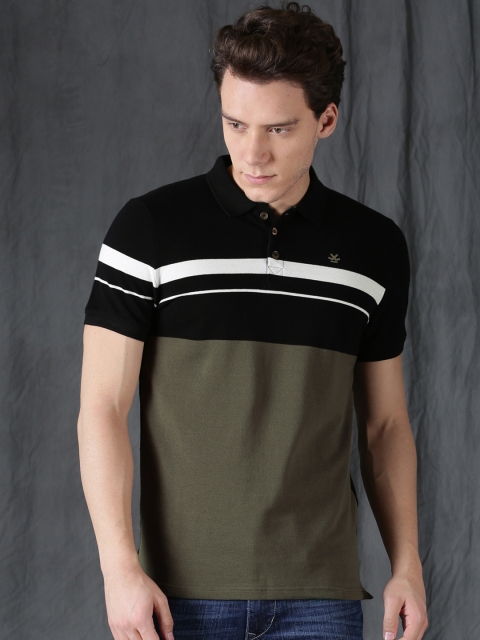 

WROGN Men Olive Green Colourblocked Polo Collar T-shirt