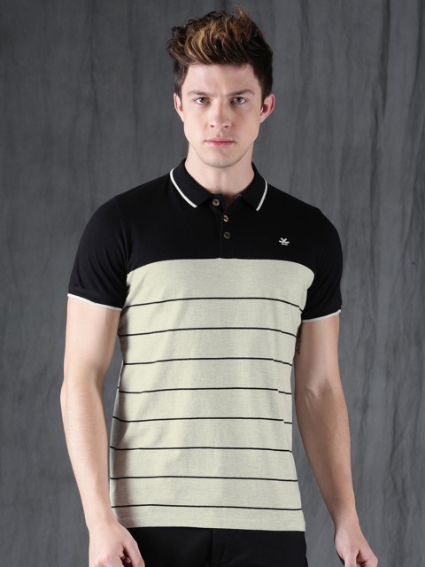 

WROGN Men Off-White & Black Striped Polo T-shirt
