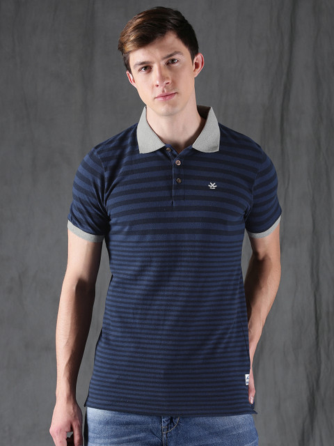 

WROGN Men Blue Striped Slim Fit Polo T-shirt