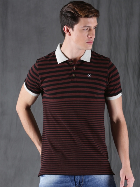 

WROGN Men Maroon & Black Striped Slim Fit Polo T-shirt