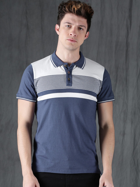 

WROGN Men Navy Blue & White Striped Polo Collar T-shirt
