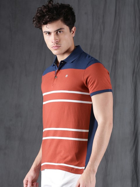 

WROGN Men Coral Red & Navy Striped Polo Collar T-shirt