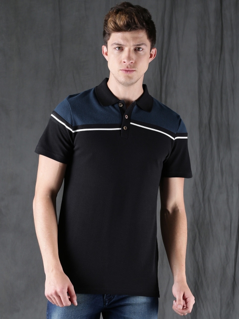 

WROGN Men Black & Blue Colourblocked Slim Fit Polo T-shirt