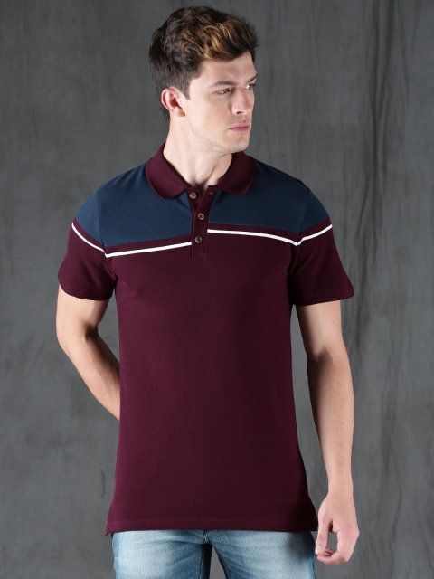 

WROGN Men Maroon Navy Colourblocked Slim Fit Polo Pure Cotton T-shirt