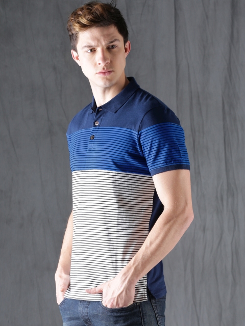 

WROGN Men Blue Striped Polo Collar T-shirt