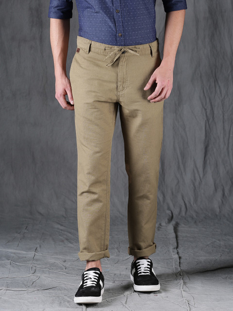 

WROGN Men Khaki Slim Fit Solid Regular Trousers