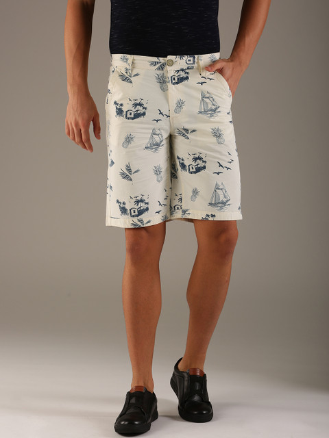 

Flying Machine Men Cream-Coloured Printed Slim Fit Regular Shorts