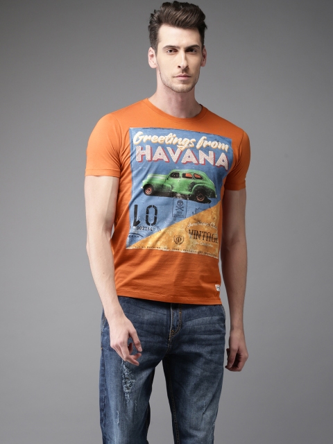 

Flying Machine Men Rust Orange Printed Round Neck Pure Cotton T-shirt