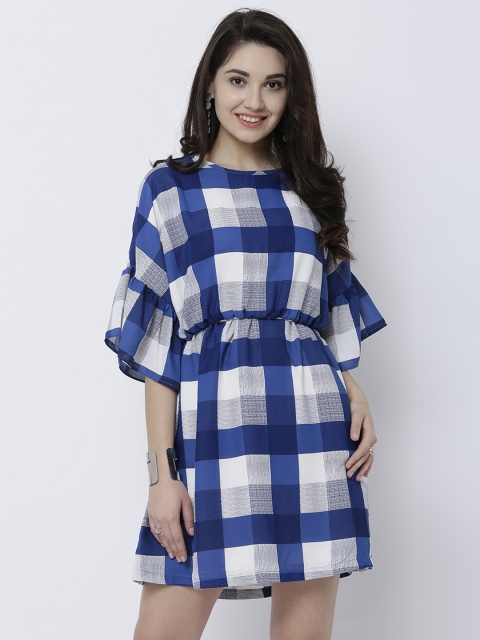 

Tokyo Talkies Women Blue & Off-White Checked A-Line Dress