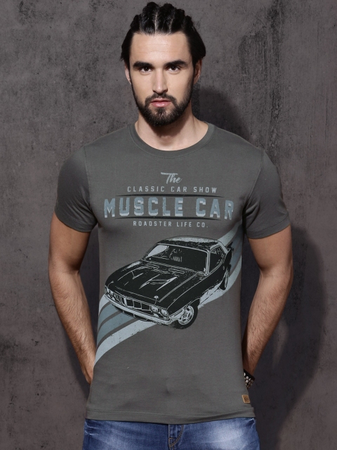 

Roadster Time Travlr Men Charcoal Grey Printed Round Neck T-shirt