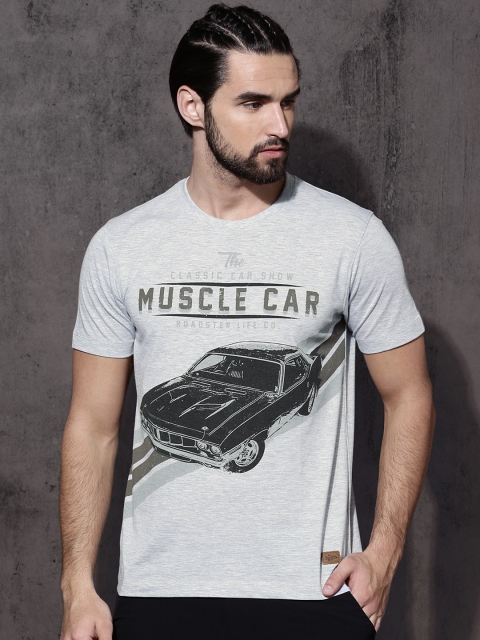

Roadster Time Travlr Men Grey Melange Printed Round Neck T-shirt